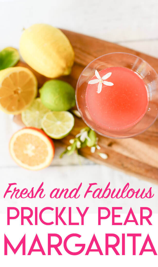 overhead view of a glass of pink prickly pear margarita, with a small white citrus flower floating in the drink, and lemons, limes, and oranges surrounding the glass.