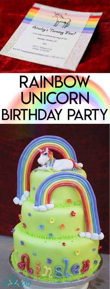 Rainbow Unicorn birthday party cake and invitation.