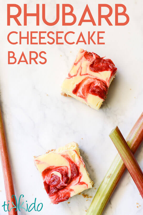 Cheesecake bars swirled with fresh rhubarb and baked in a 9x13 pan.