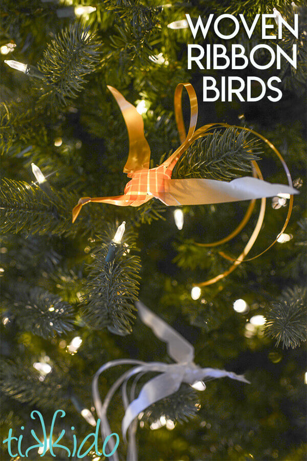 Make delicate, intricate woven birds out of gift wrapping ribbon with this tutorial.  Use as a gift topper or Christmas present.