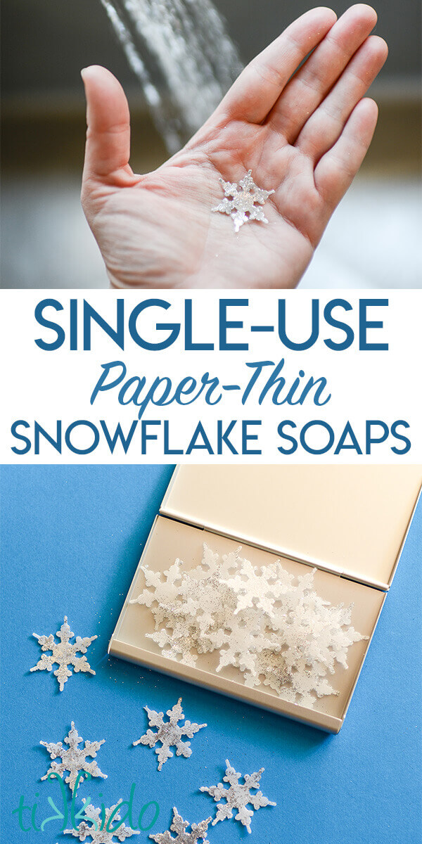 Snowflake shaped single-use miniature soaps made from melt and pour soap base and wafer paper.