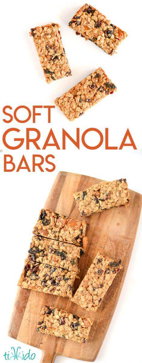 Homemade granola bars on a cutting board and white surface, with text overlay reading "Soft Granola Bars."