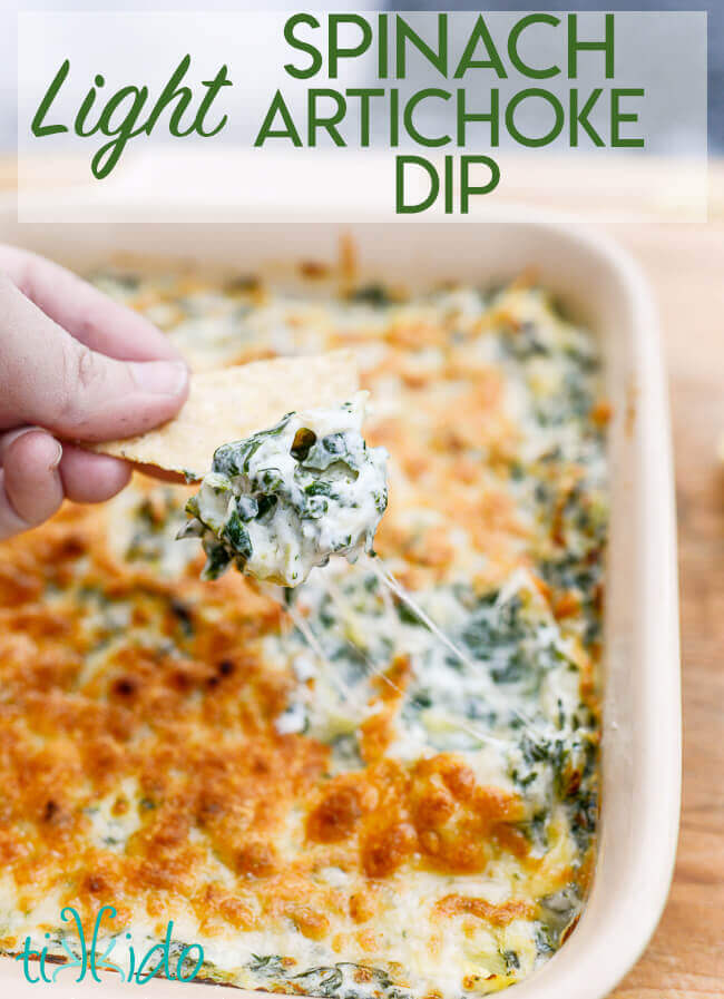 Amazingly delicious LIGHT spinach artichoke dip recipe.