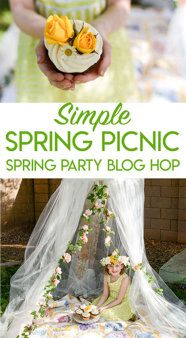 Collage of spring picnic  photos featuring yellow and white flowers and a tulle tent, optimized for Pinterest