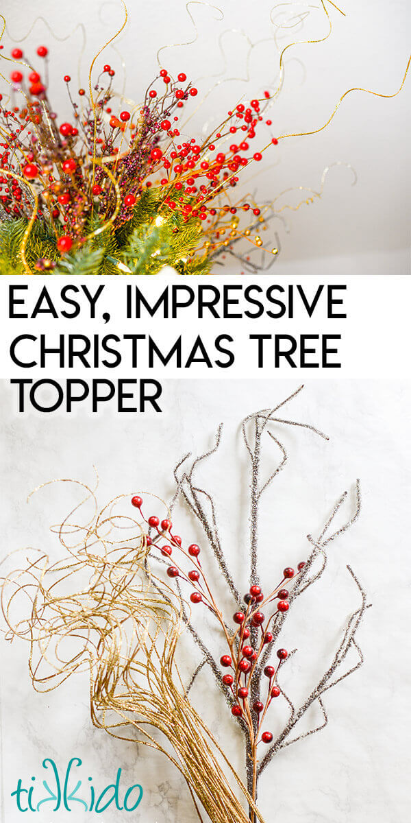 Collage of images of a DIY tree topper made with picks, with text overlay reading "Easy, Impressive Christmas Tree Topper."