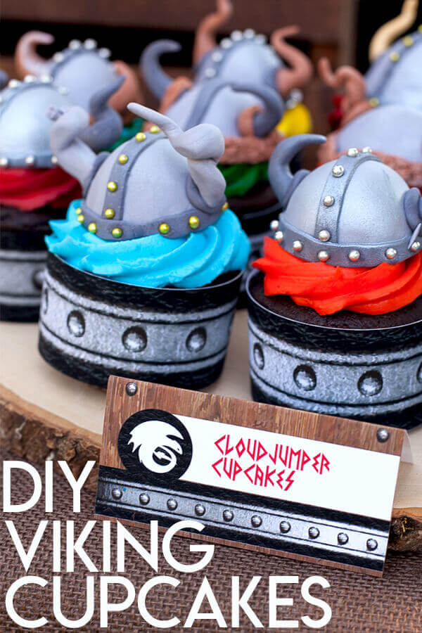 Viking cupcakes with gum paste viking helmet cupcake toppers.