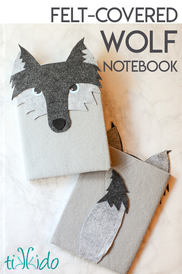 turn a plain composition notebook into a wolf notebook with felt using a free printable wolf template.