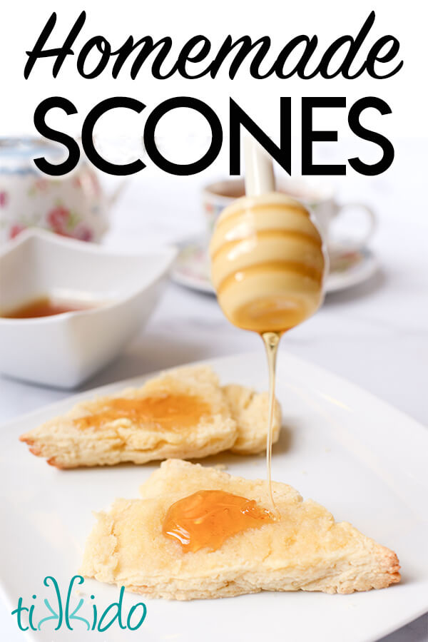 classic scone made with an easy scones recipe, cut in half and being drizzled with honey.