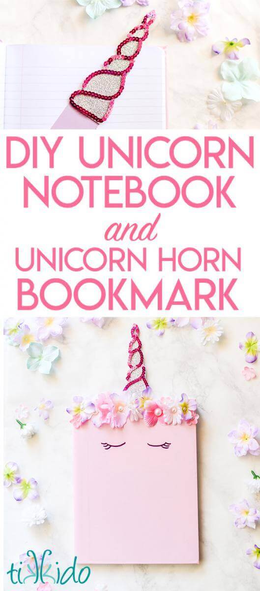Collage of unicorn notebook and bookmark pictures optimized for pinterest.