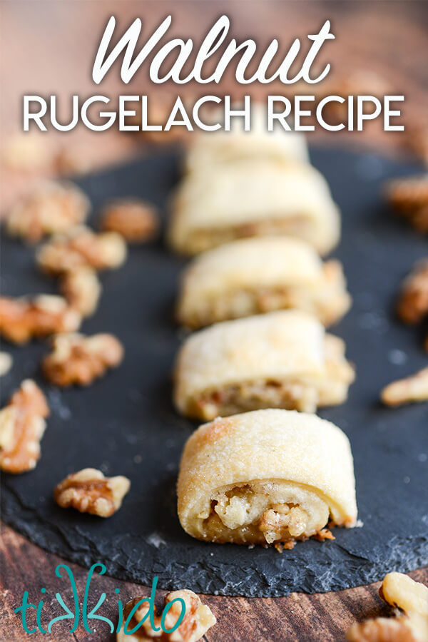 line of rugelach made with easy rugelach recipe, with text overlay reading "Walnut Rugelach Recipe."