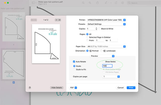Screenshot of printing dialogue, showing how to print the peter pan hat pattern at 100% size.