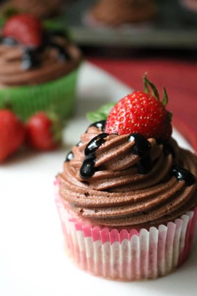 Strawberry basil cupcake with chocolate balsamic frosting.