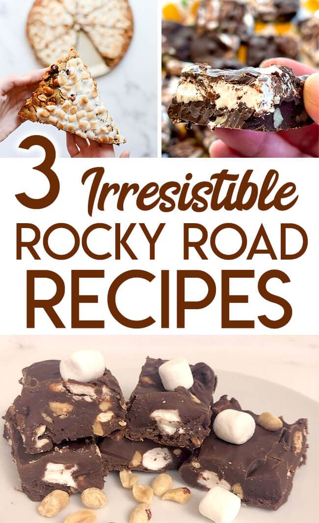 Collage of rocky road recipe pictures, with text overlay reading, "3 Irresistible rocky road recipes."