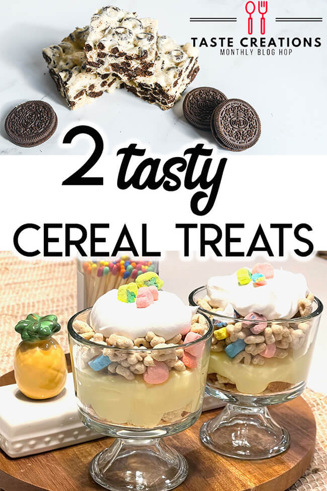 Collage of cereal treats pictures with text overlay reading, "Two Tasty Cereal Treats."