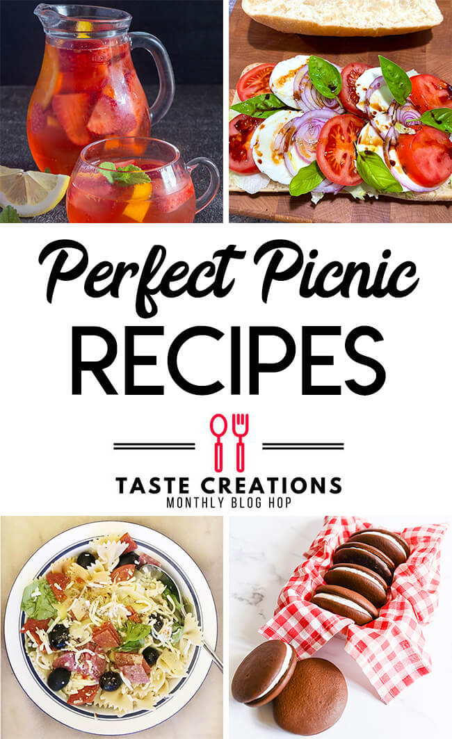 Collage of picnic foods optimized for pinterest, with text overlay reading "Perfect Picnic Recipes."