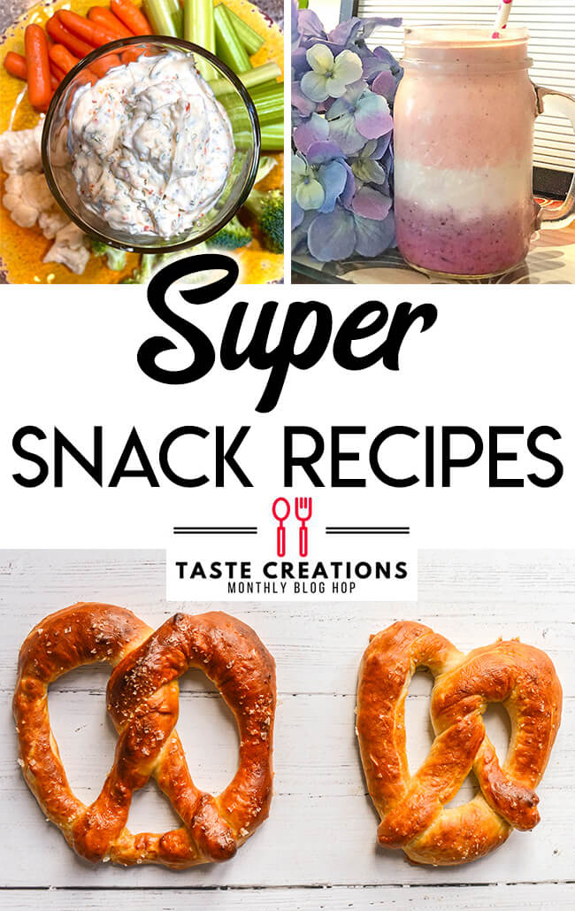 Collage of snack food images with text overlay reading, "Super Snack Recipes."