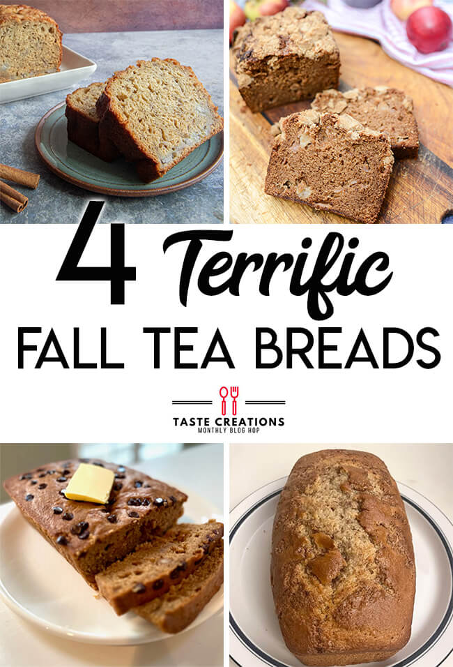 Collage of quick bread pictures with text overlay reading "4 Terrific Fall Tea Bread Recipes."