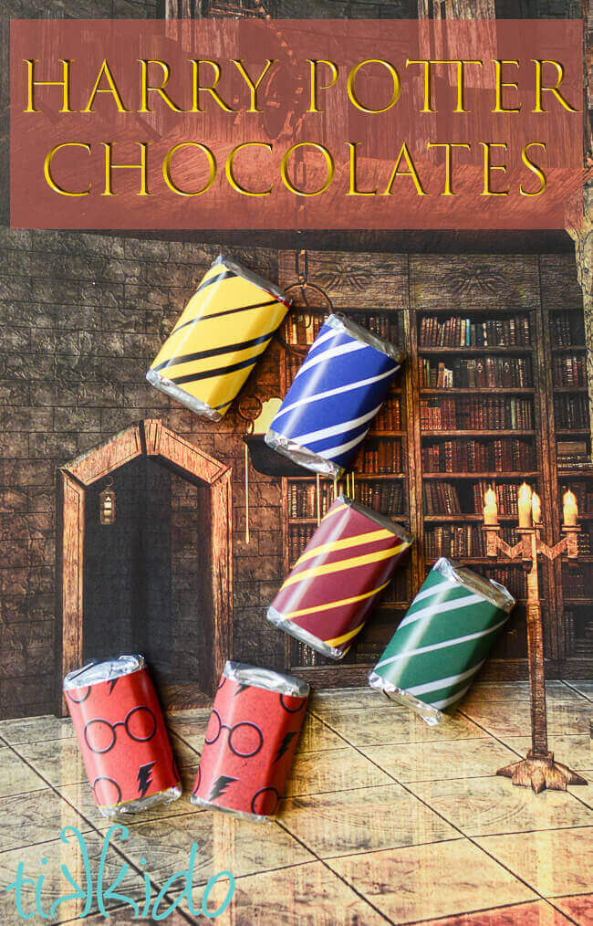 Miniature chocolate bars wrapped in Harry Potter inspired scrapbook paper.