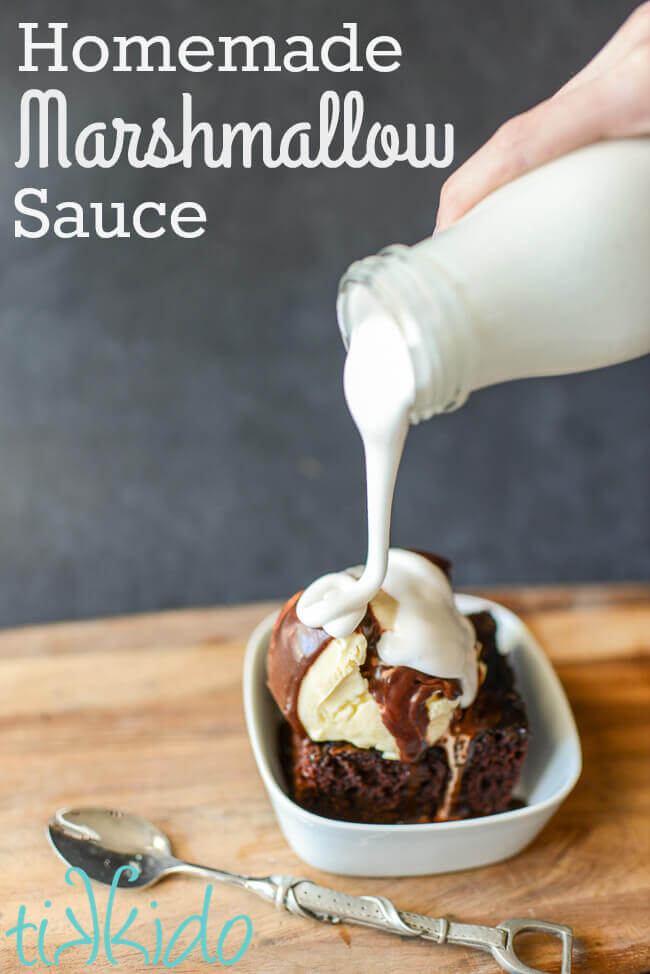 Homemade marshmallow sauce Ice Cream Topping being poured on an ice cream sundae.