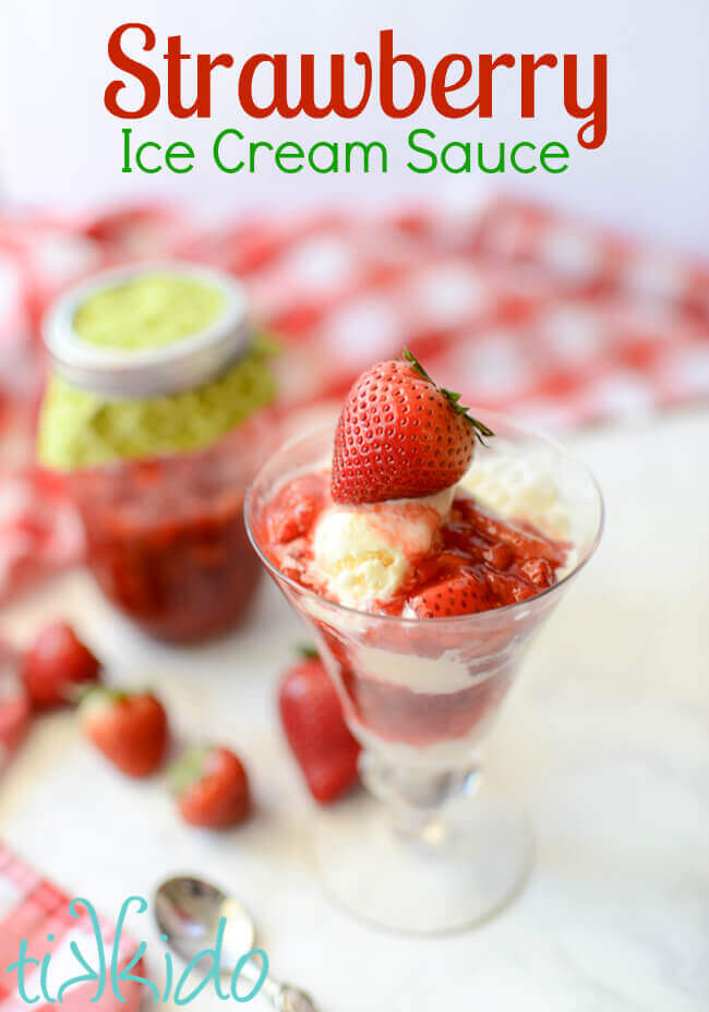 Strawberry sauce Ice Cream Topping on vanilla ice cream in a glass.