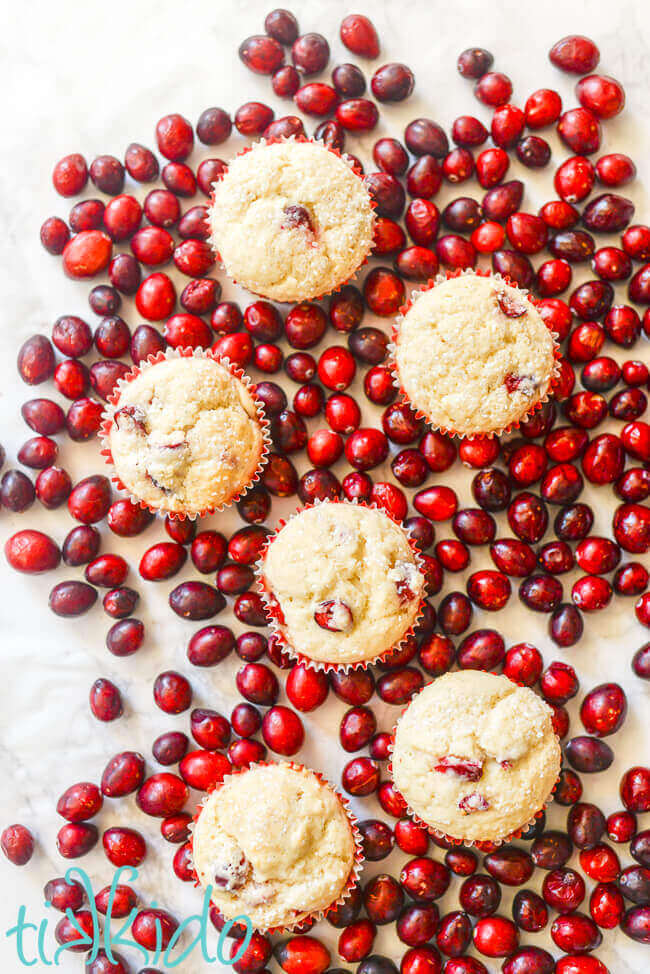 Cranberry muffins surrounded by fresh cranberries