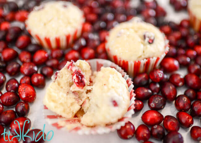 Cranberry muffin broken in half, surrounded by fresh cranberries and two other cranberry muffins.