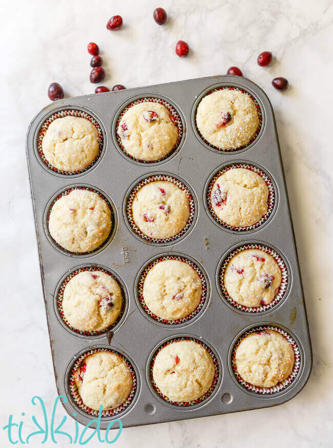 Baked tin of cranberry muffins surrounded by fresh cranberries.