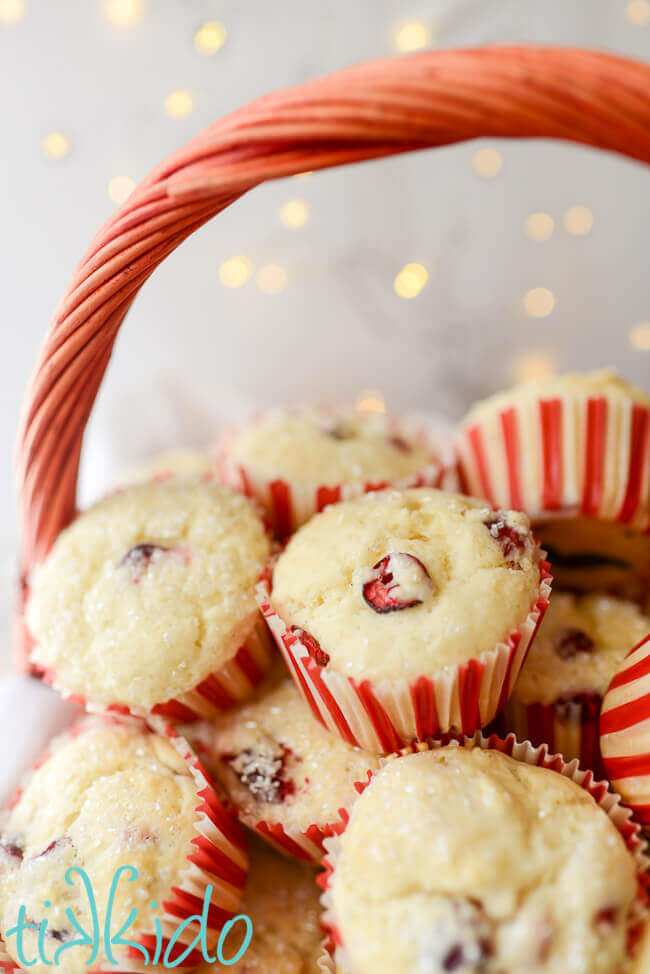 Basket full of cranberry muffins.