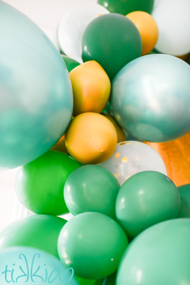 Detail photo of balloon garland showing the beginning of oxidation of the balloons on day two after it was made.