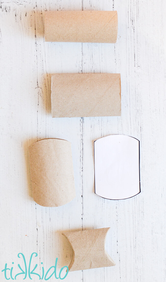Image showing steps of turning a toilet paper roll into a pillow box.