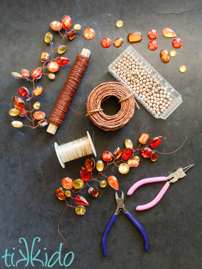 Materials for making an inexpensive jeweled crown for a fall fairy costume.