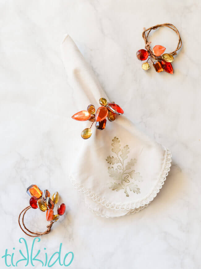 Elegant, sparkling, jeweled napkin rings for Thanksgiving and fall.