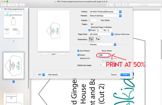 Screenshot showing how to resize a pdf to print the gingerbread house templates at 50%.