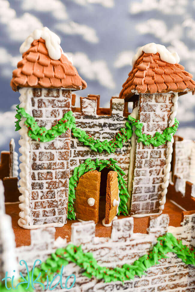 Detail shot of the towers on the gingerbread castle.