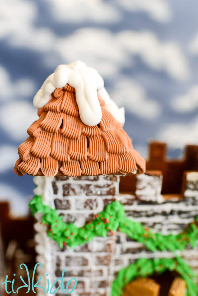 Detail shot of the tower roof of the gingerbread castle.