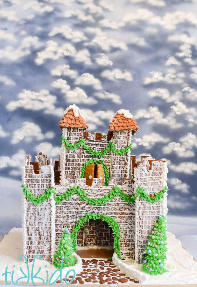 Gingerbread castle decorated with royal icing.