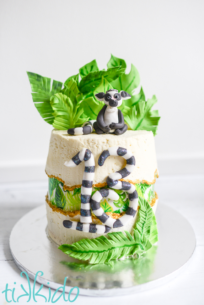 Lemur birthday cake with a jungle fault line cake design.