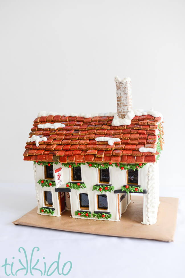 A gingerbread house made to look like The Lower Red Lion, a pub in St Albans, England.
