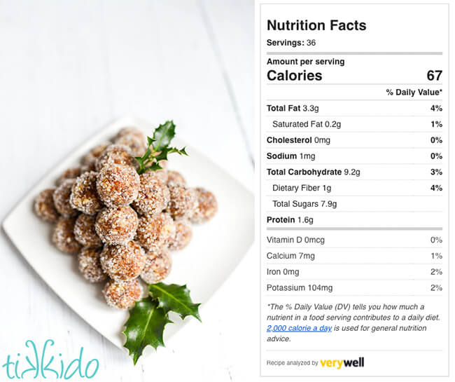 Picture of traditional sugar plums next to a nutrition facts chart for the Sugar Plums Recipe.