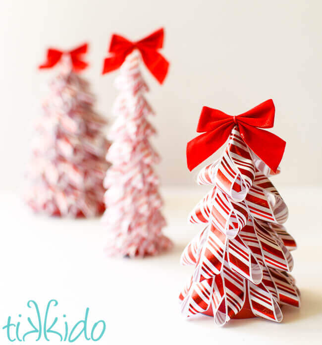 Peppermint striped ribbon Christmas tree decorations.