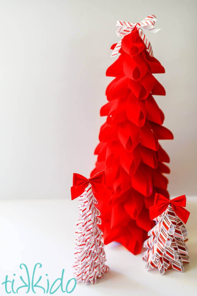 Peppermint striped ribbon Christmas tree decorations.