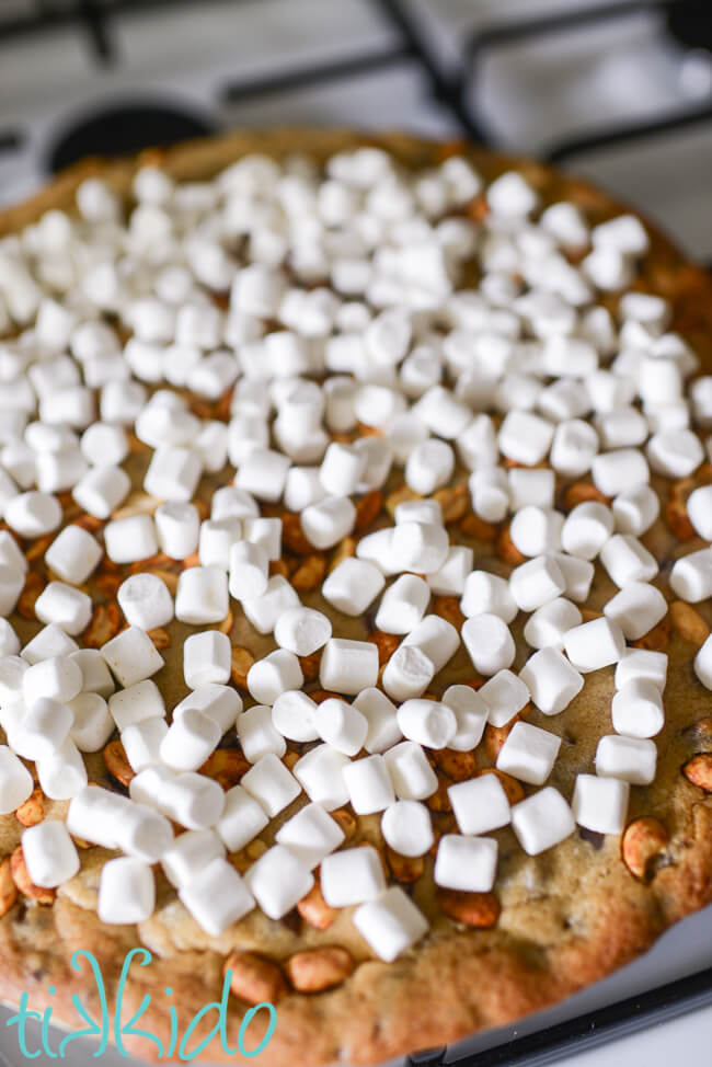 Partially baked cookie pizza topped with mini marshmallows to make a rocky road pizza cookie.