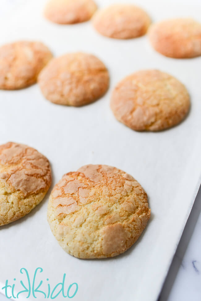 Freshly baked soft sugar cookies on a parchment lined cookie sheet.