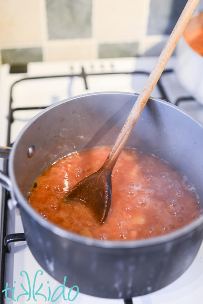 Rhubarb cooked until soft on the stovetop to make Stewed Rhubarb.