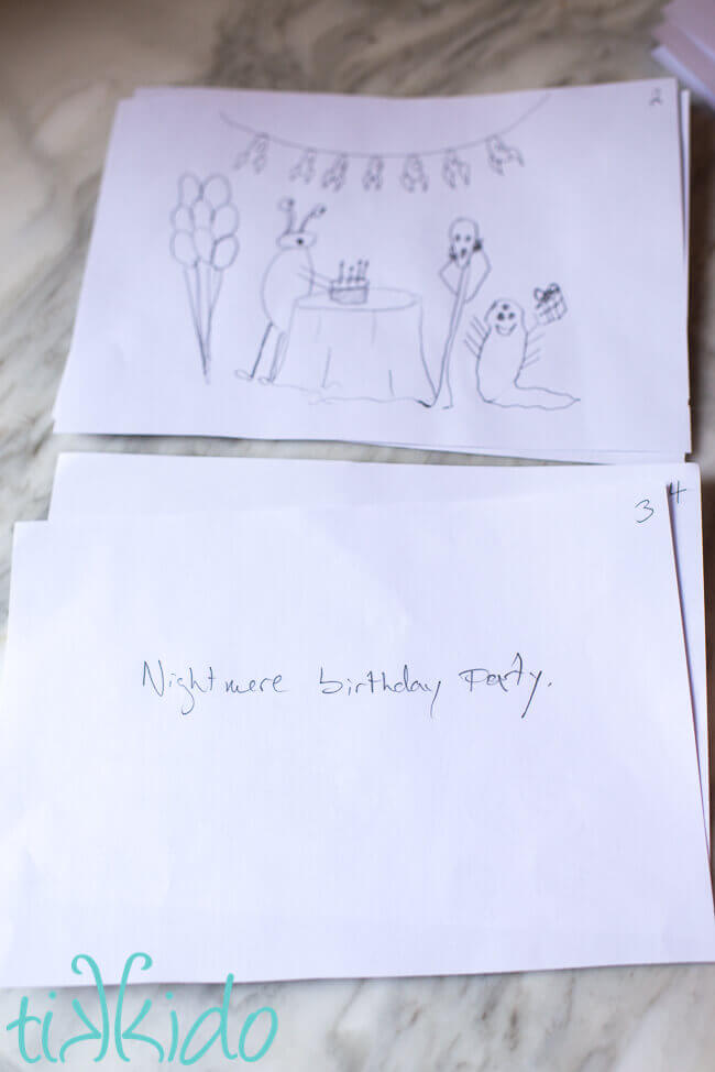 Drawing of aliens throwing a party interpreted as "nightmare birthday party" for a Telephone Pictionary game.
