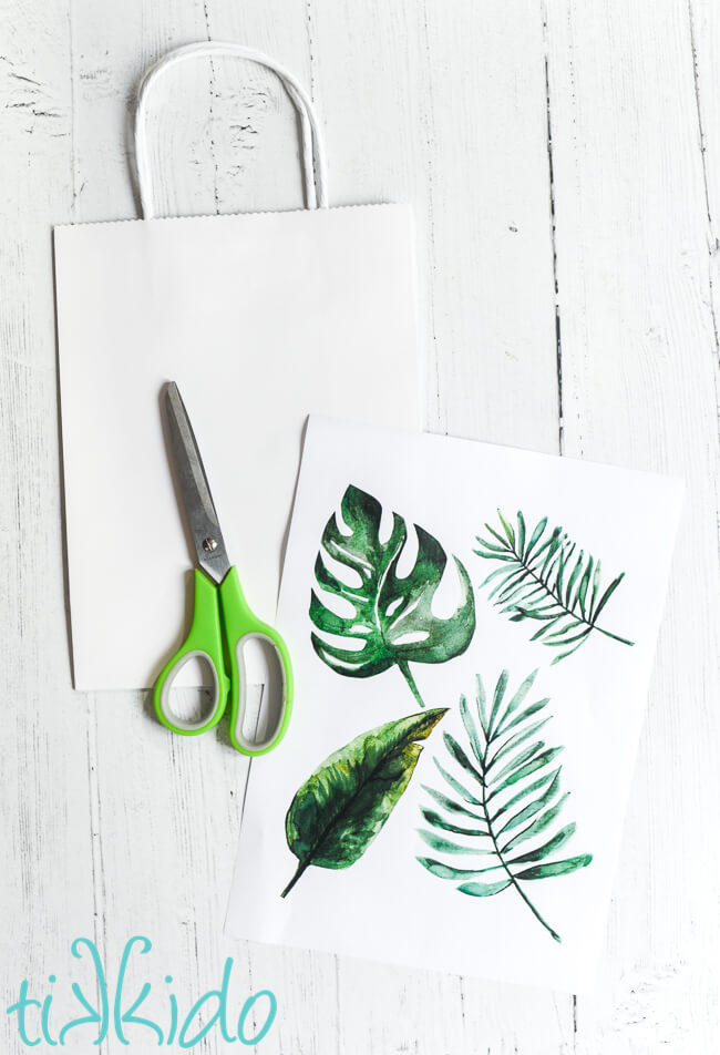 Materials for DIY Tropical Gift Bag on a white wooden background.