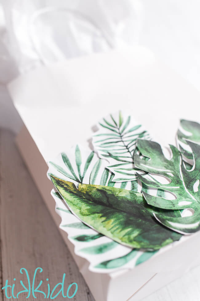 DIY Tropical Gift Bag made with free printable tropical leaves.