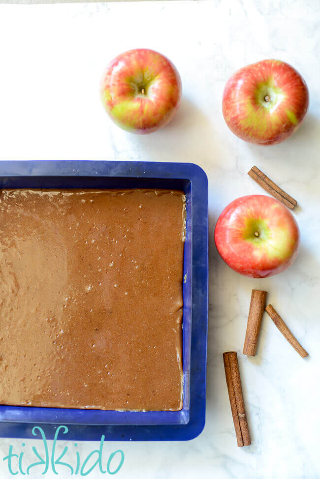 Apple Cider Caramels cooling in a silicone pan, surrounded by fresh apples and cinnamon sticks.