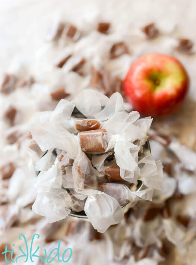 Apple Cider Caramels wrapped in waxed paper.
