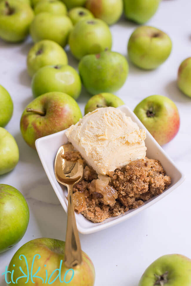 Apple crumble in a white bowl with a scoop of vanilla ice cream and a gold spoon, surrounded by green apples on a white marble background.